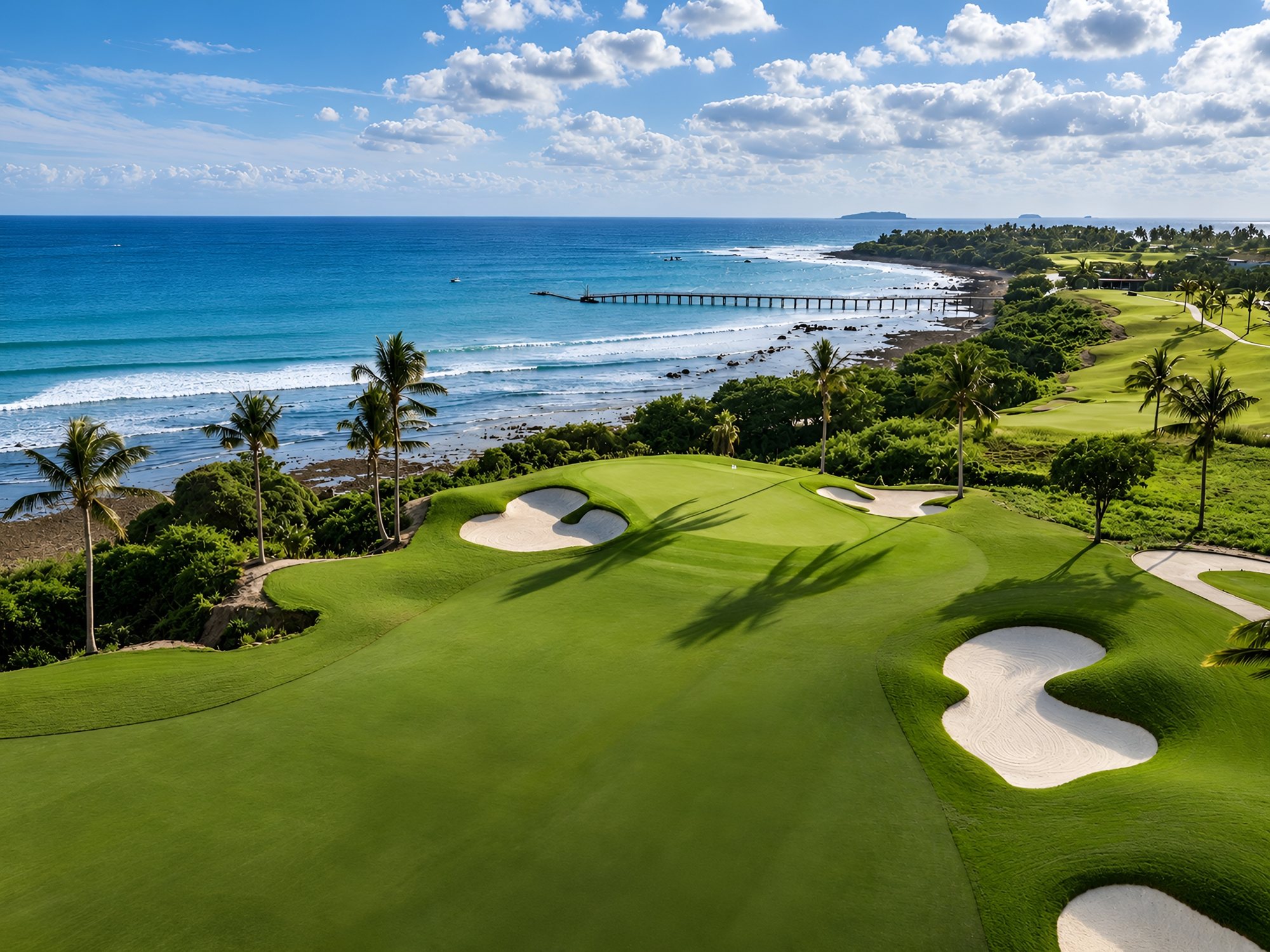 Hoyo de golf frente al mar en Punta Mita, con palmeras, bunkers y un muelle al fondo