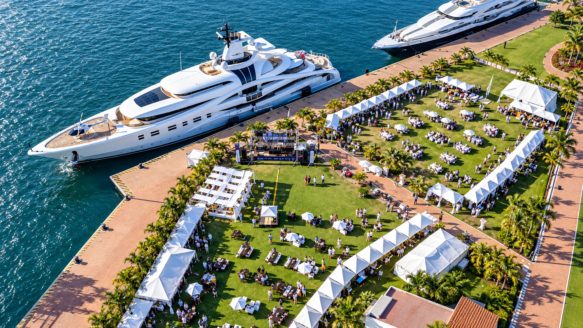 Vista aérea de VINOMA en la Terminal Marítima de Puerto Vallarta: carpas blancas sobre el jardín y dos yates atracados
